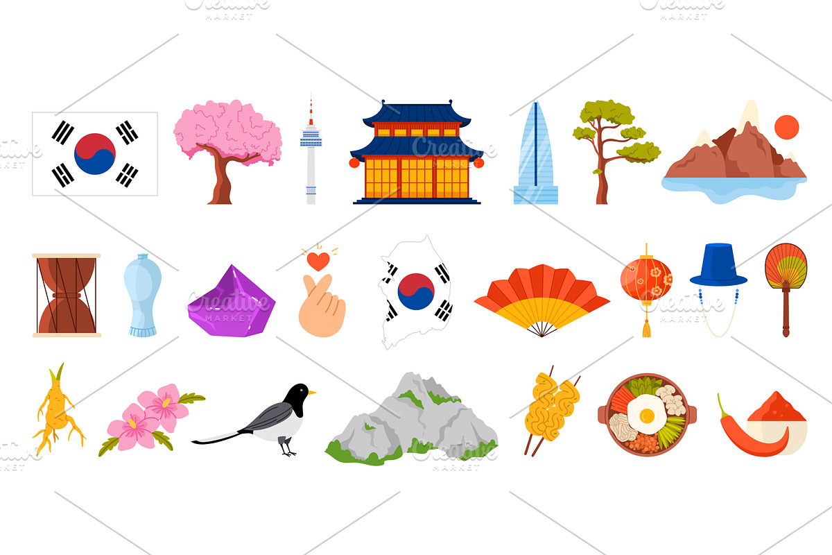 Travel to South Korea, set of famous, an Object Illustration by Flashvector