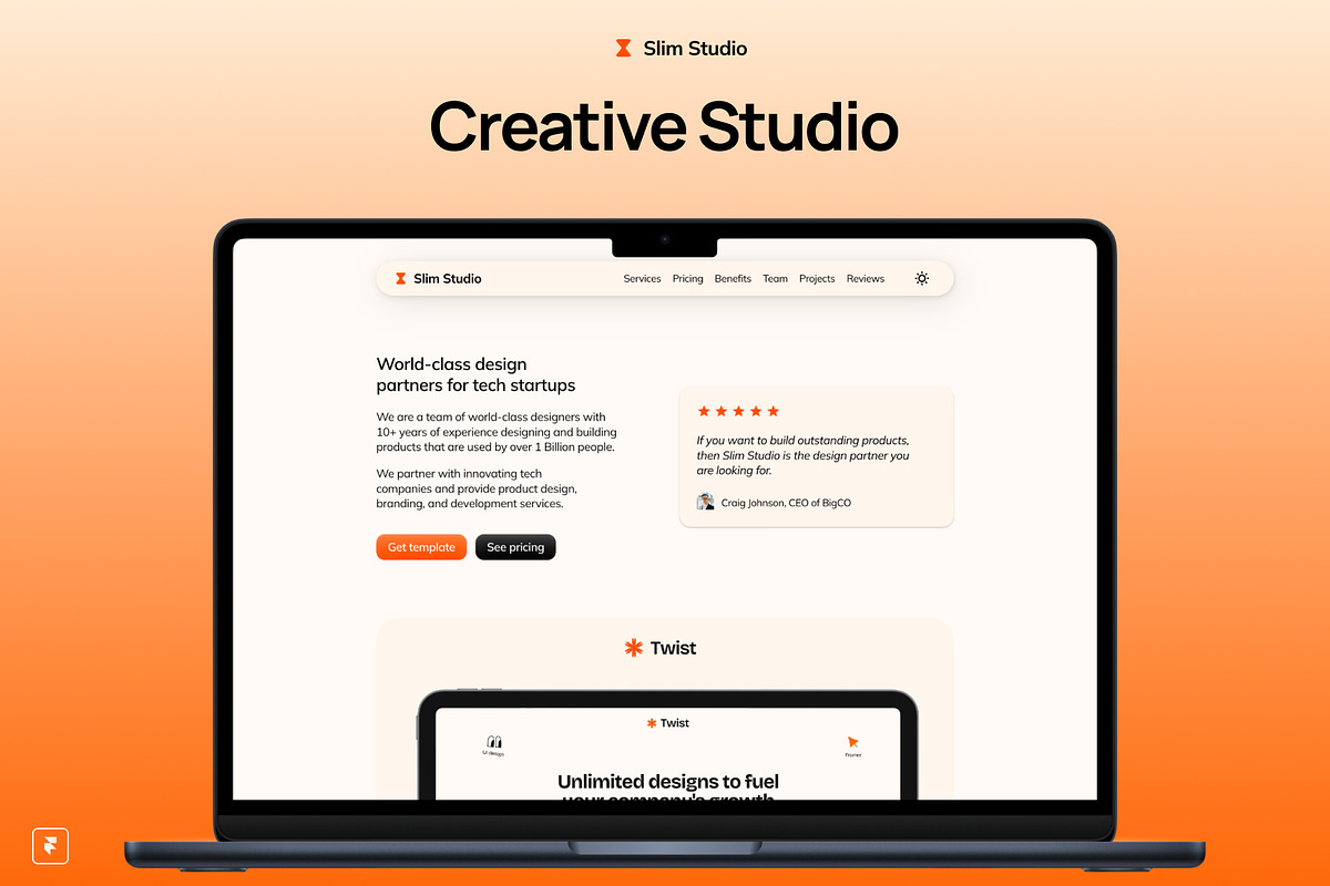 Slim Studio - Framer Agency template, a Landing Page Template by firdavsabdu (Photo 1 of 4)
