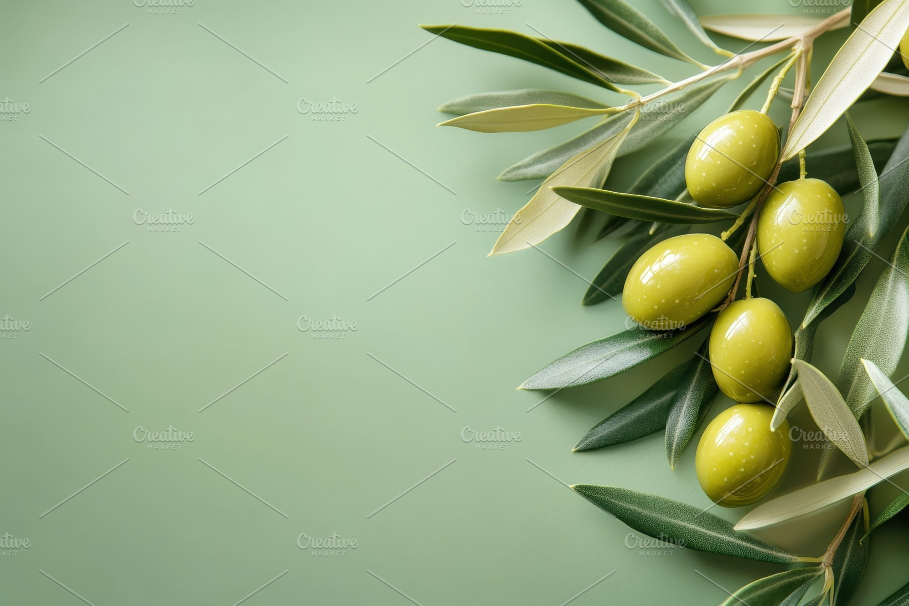Olive oil with green olives showcase, a Photo by Pavel_design