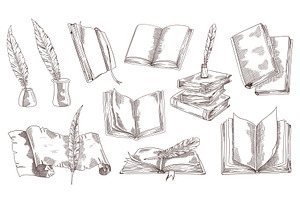 Hand-drawn Vintage Books. Sketch Old