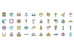 Seaside icons set vector color line, an Object Illustration by Ylivdesign