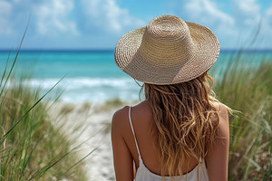 Woman enjoying a summer walk on the beach with soft waves and blue skies, a Person Photo by AlyaAnd
