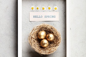 Hello Spring Card with Golden Eggs Nest in White Frame, a Holiday Photo by Natalia Klenova's Shop