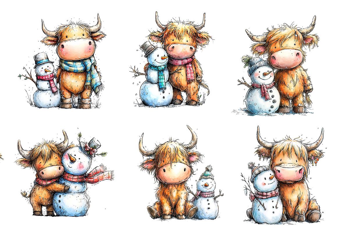 Highland cow and snowman clipart, an Illustration by Designworld (Photo 3 of 3)