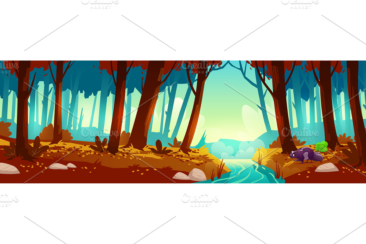 Autumn forest landscape with river, an Illustration by art PVP - market