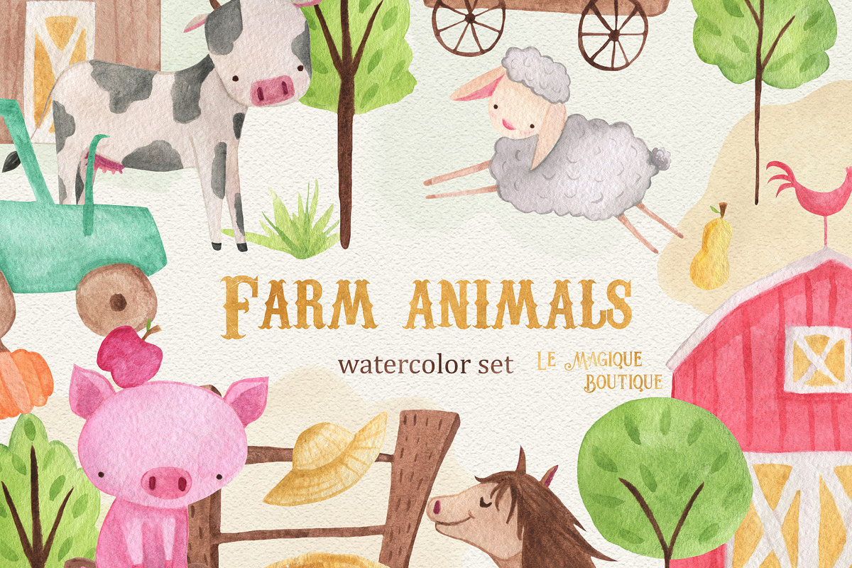 Farm Animals Watercolor Clipart, an Animal Illustration by LeMagiqueBoutique (Photo 1 of 8)