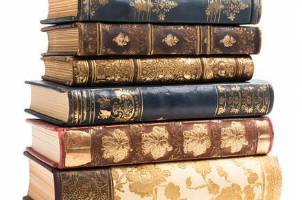 Stack of antique vintage old books isolated on white background,, a Photo by Anneleven