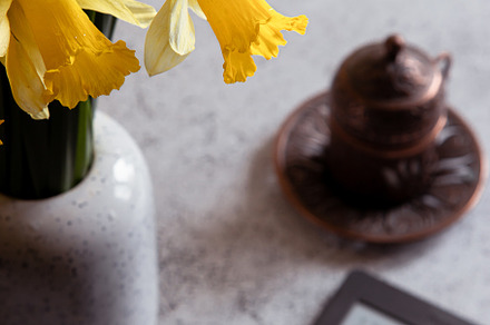 Modern ebook reader,  daffodils flowers on background. Top view,, a Beauty & Fashion Photo by Ivanna