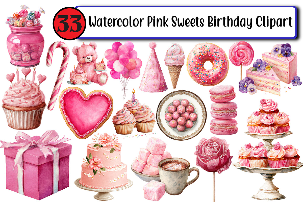 Watercolor Pink Sweets Birthday Clip, an Illustration by Design Market (Photo 1 of 3)