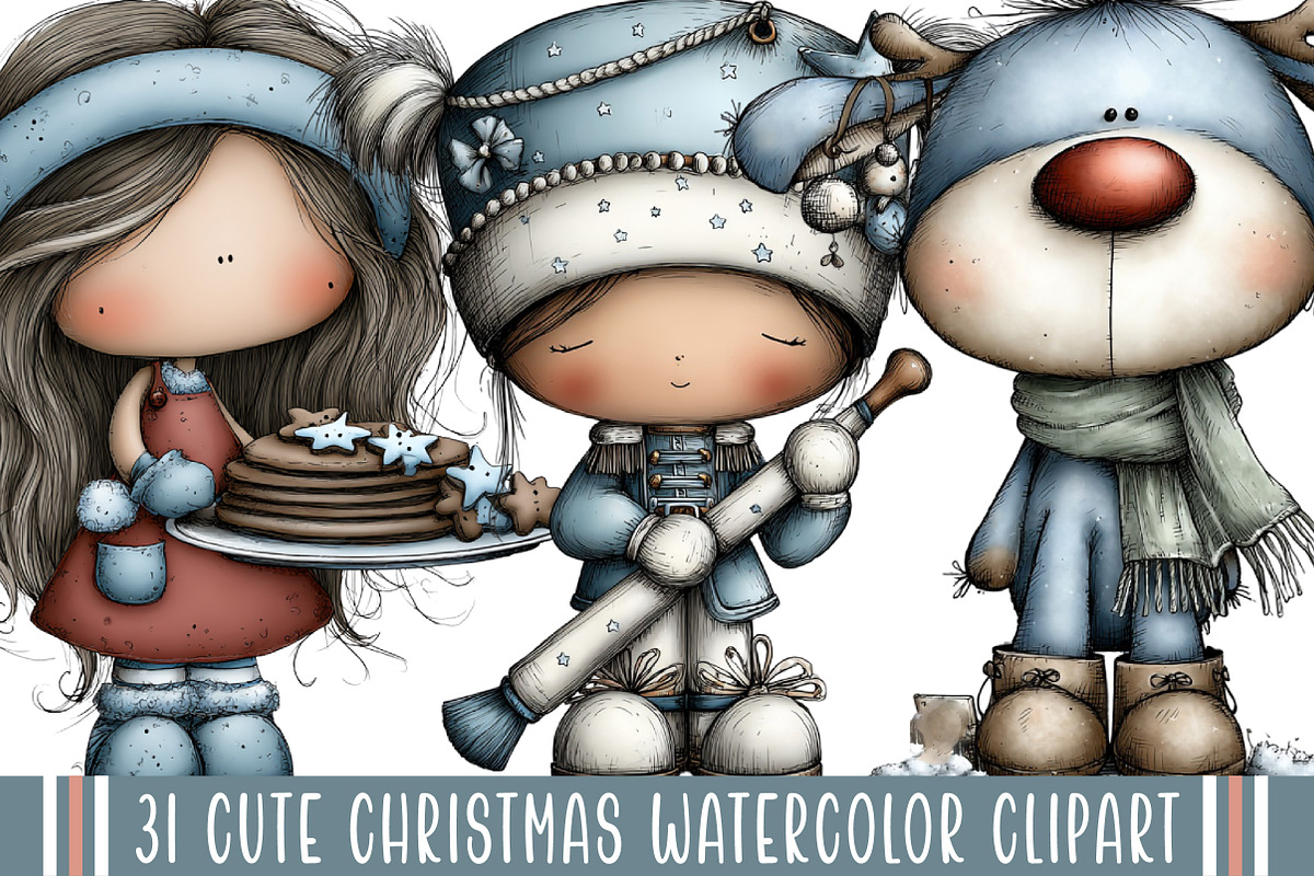 Cute Christmas Watercolor Clipart, an Illustration by designcity5 (Photo 1 of 5)