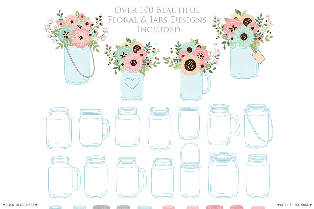 Pink and Mint Floral Mason Jars, an Illustration by Avenie Digital (Photo 2 of 2)