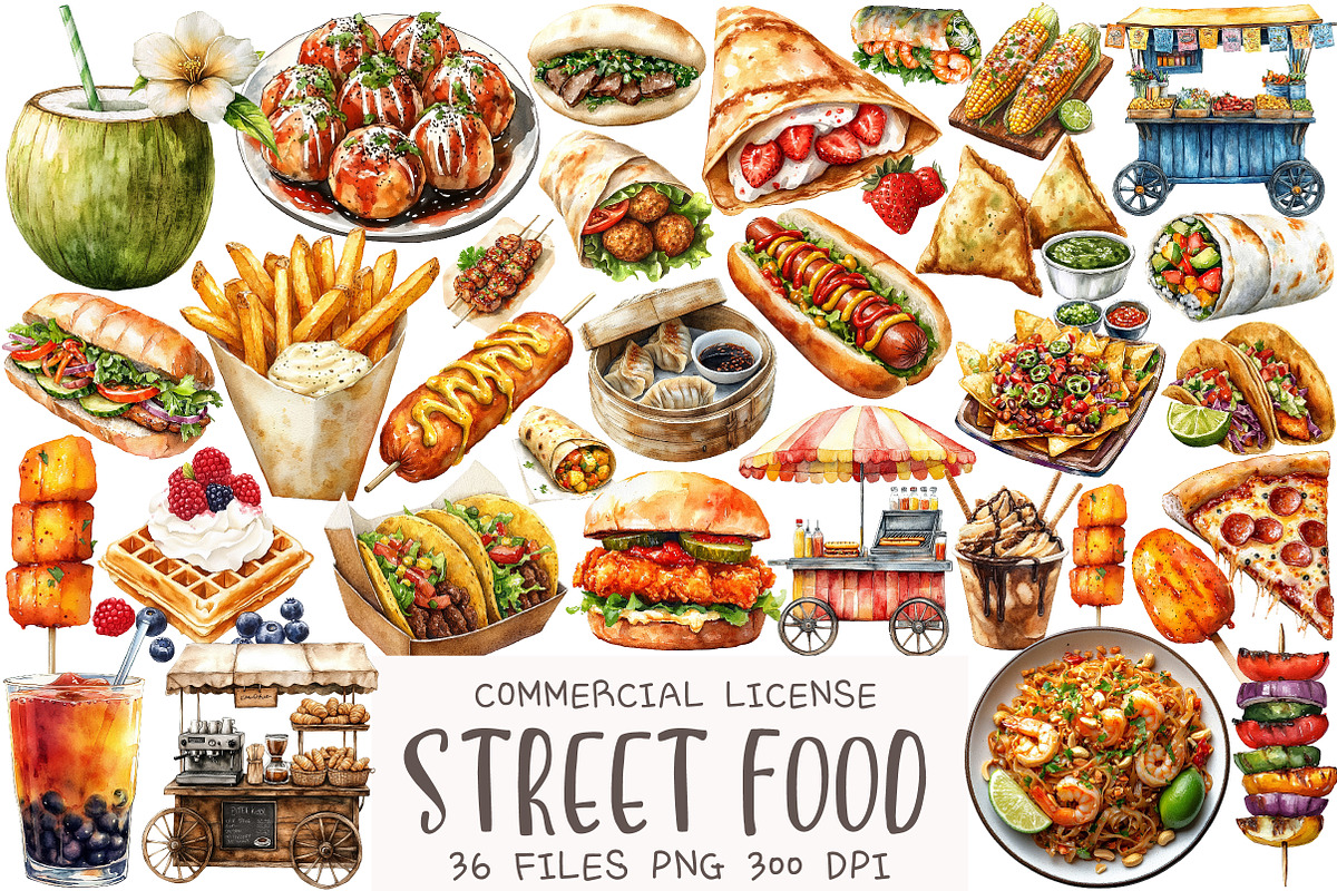 Watercolor Street Food Clipart, an Illustration by OK Design (Photo 1 of 5)