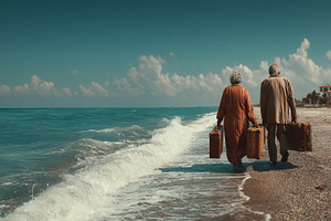 Senior couple with suitcases walking along the beach by the ocean, traveling to, a Photo by AS photostudio