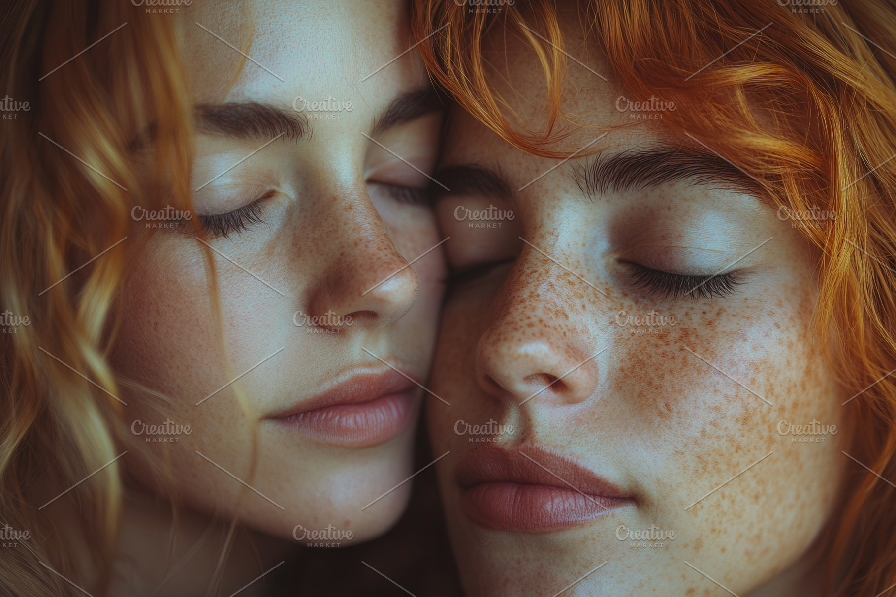 Two young women with freckles share, a Photo by Tanuart