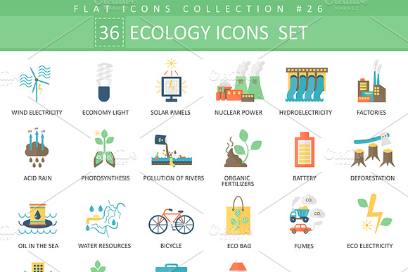 36 Ecology Color Flat Icons Set.