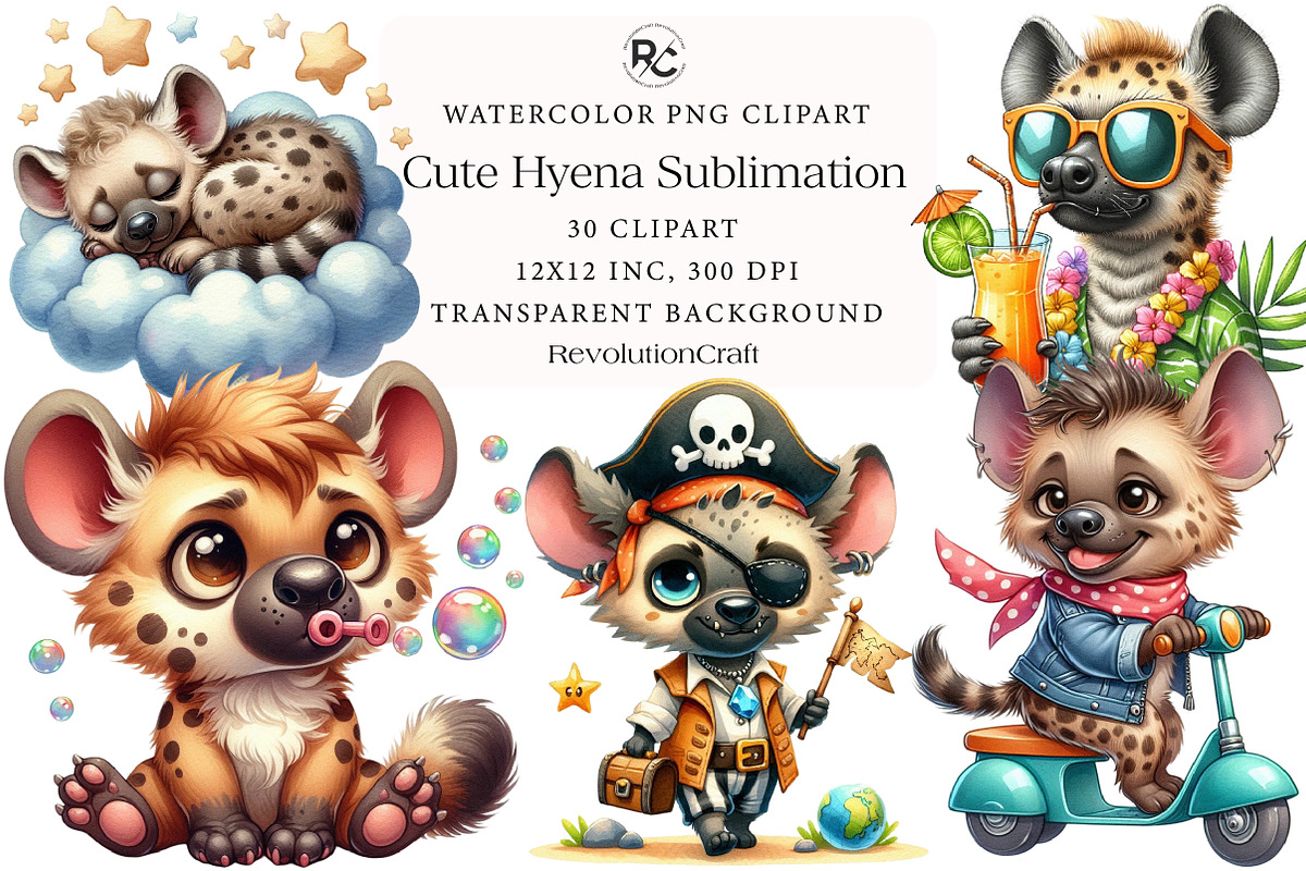 Cute Hyena Sublimation Clipart, an Illustration by OK Design (Photo 1 of 5)