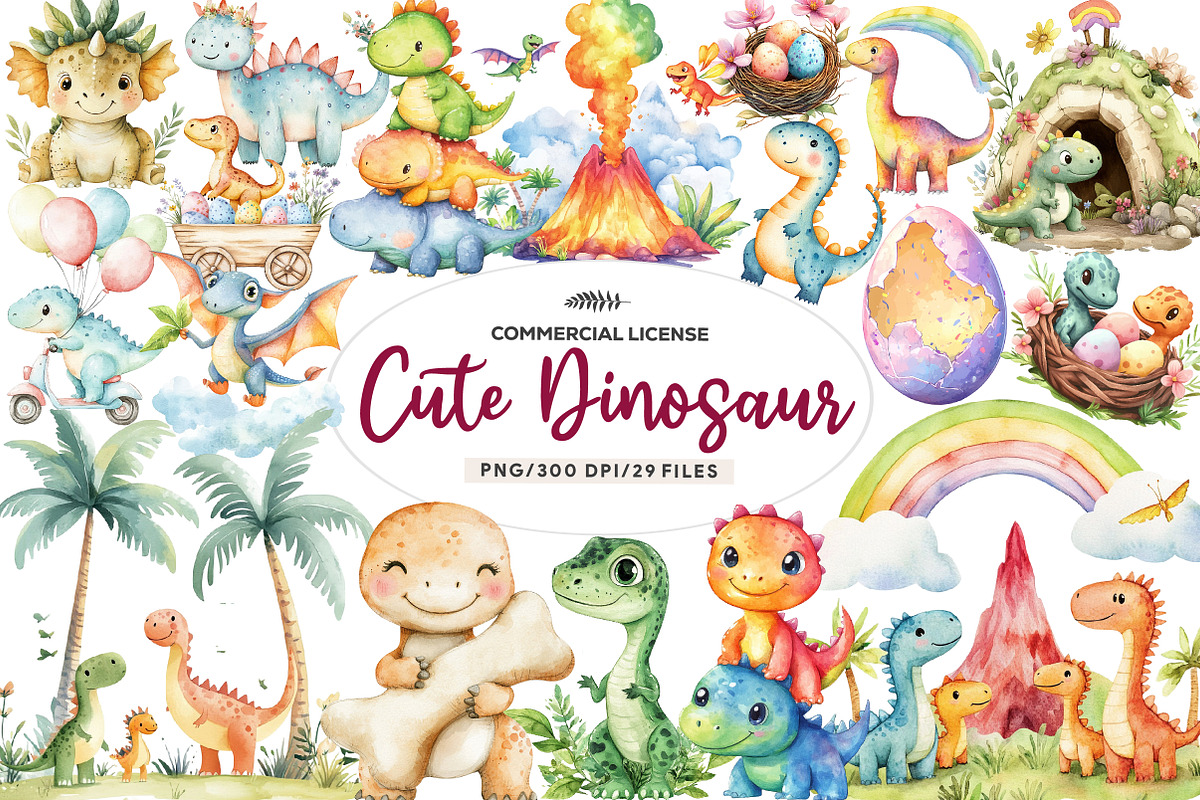 Watercolor Prehistoric Cute Dinosaur, an Illustration by CreationArt (Photo 1 of 9)