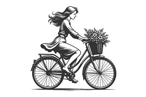 Girl Riding Bicycle with Flower, a Person Illustration by AlexArt