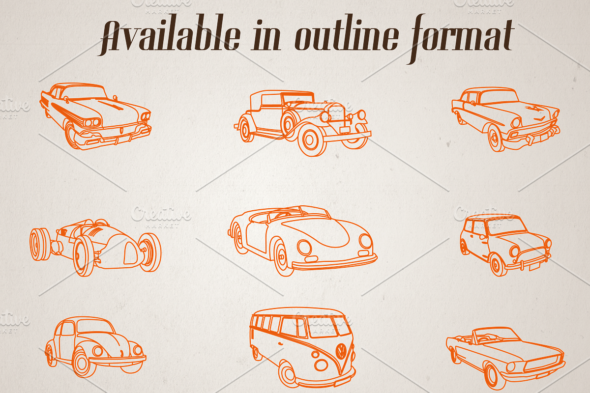 9 Retro Vintage Car - editable color preview 4