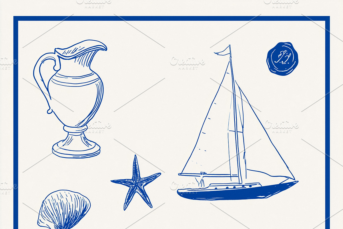 Blue nautical elements pattern, including a sailboat, starfish,, an Illustration by Studio ANNA (Photo 1 of 2)
