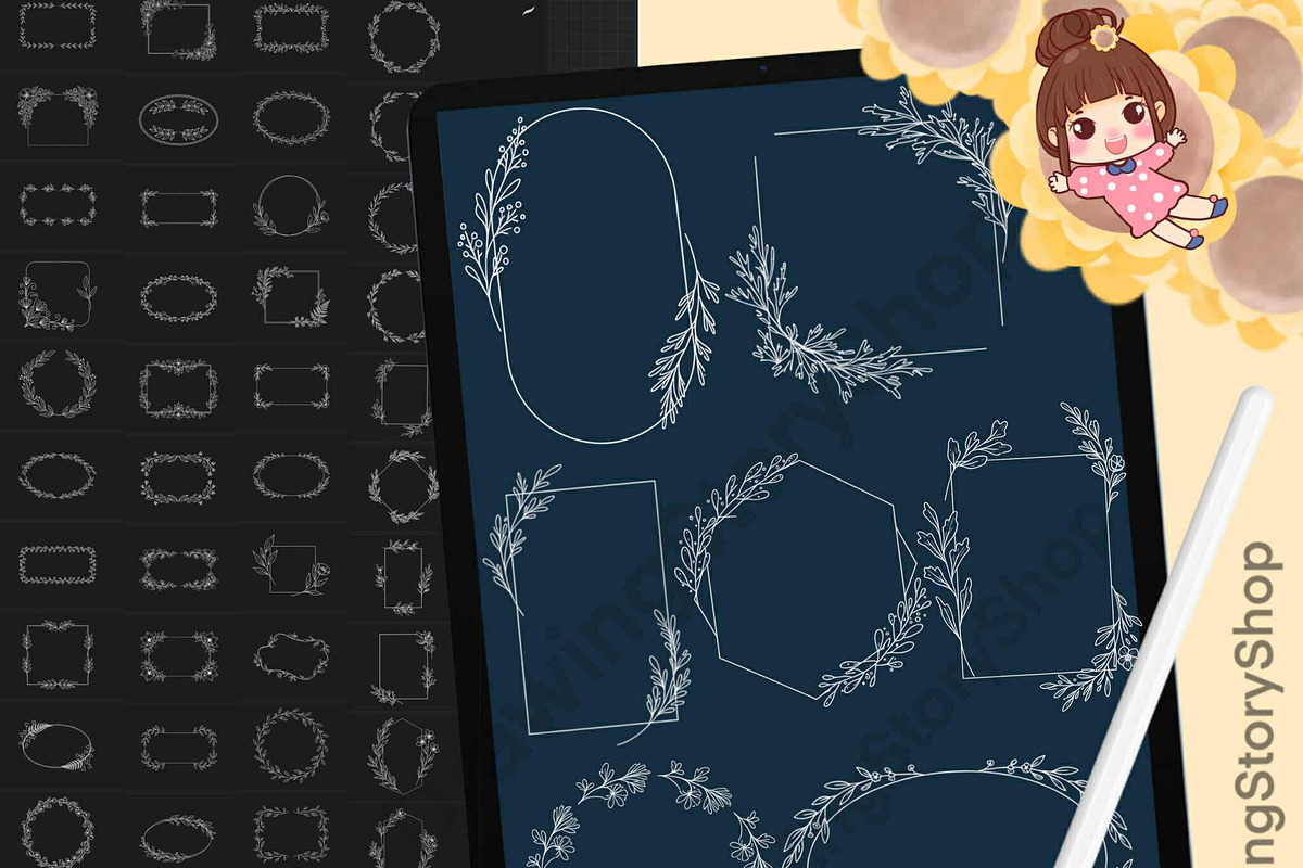 120 Procreate Floral Frame Stamps, a Brush Add-On by DrawingStoryShop