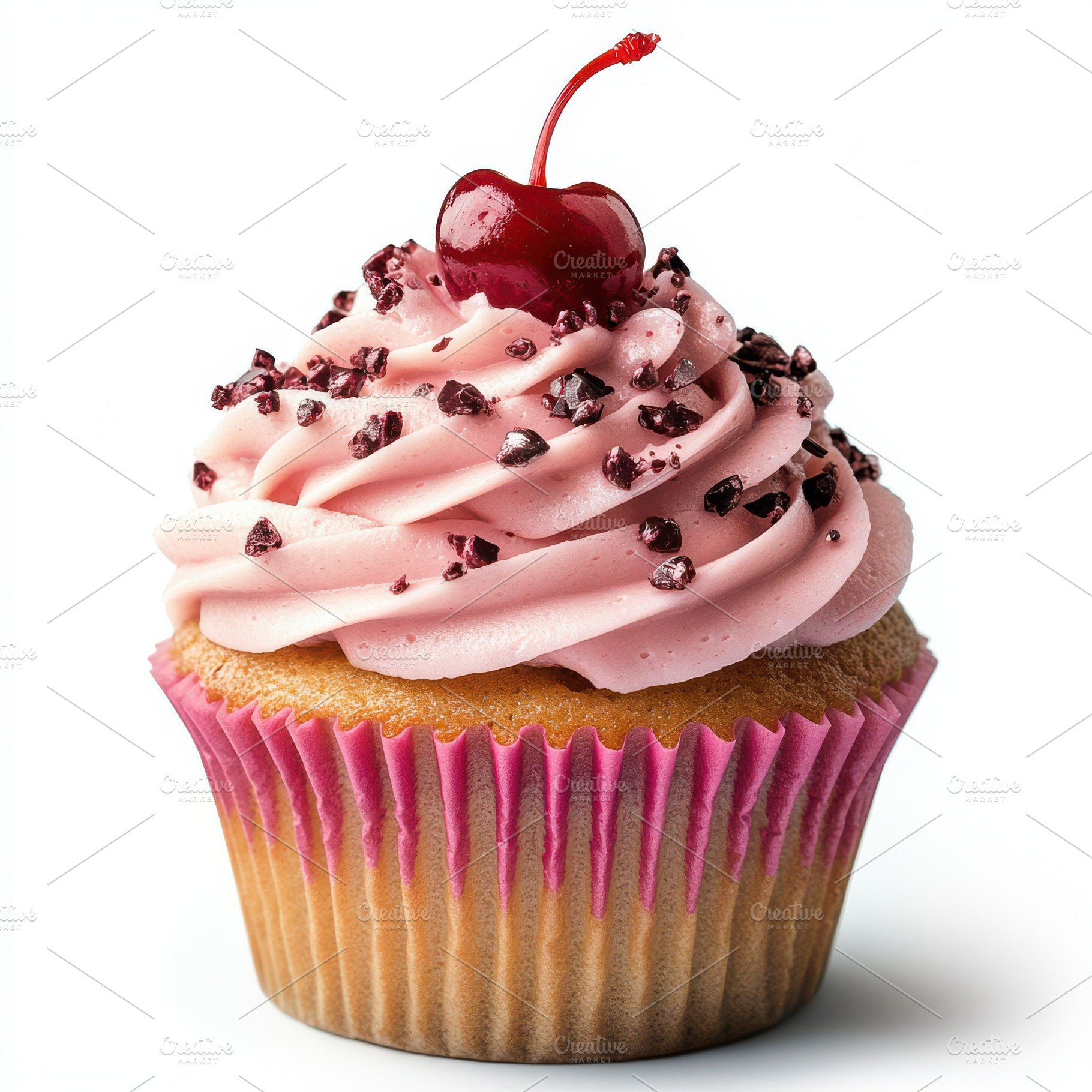 A cupcake with frosting and a cherry, a Food & Drink Photo by Pixeness Studio