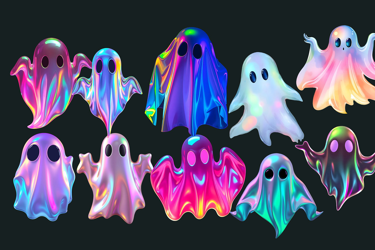 50 Holographic Ghosts Halloween PNG, an Object Graphic by UniqueMe (Photo 2 of 4)