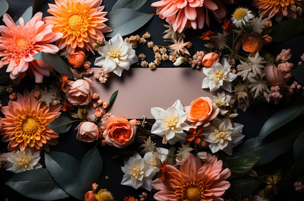 Beautiful flower bouquet on black background. Flat lay, top view, a Photo by AS photostudio