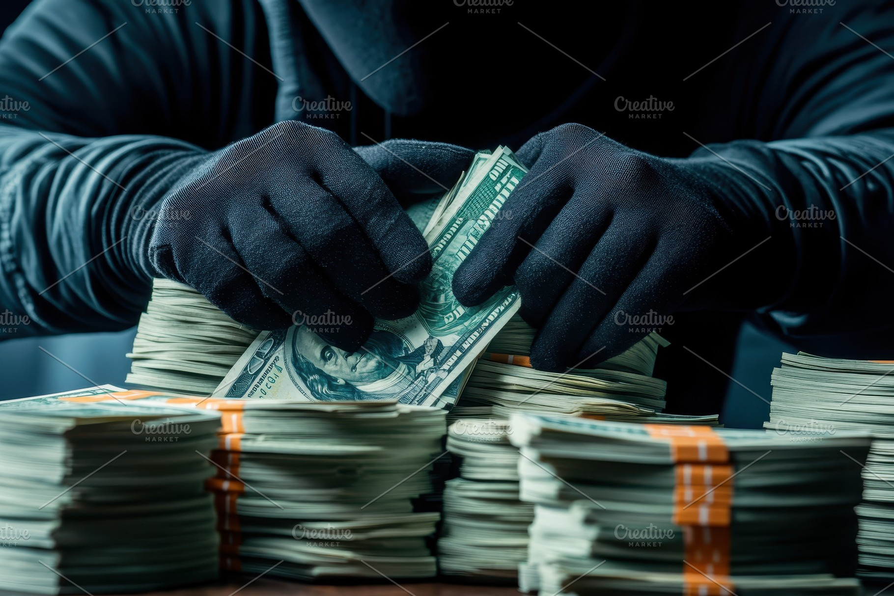 Robber takes stacks of cash in a dim, a Photo by Iftikhar Alam