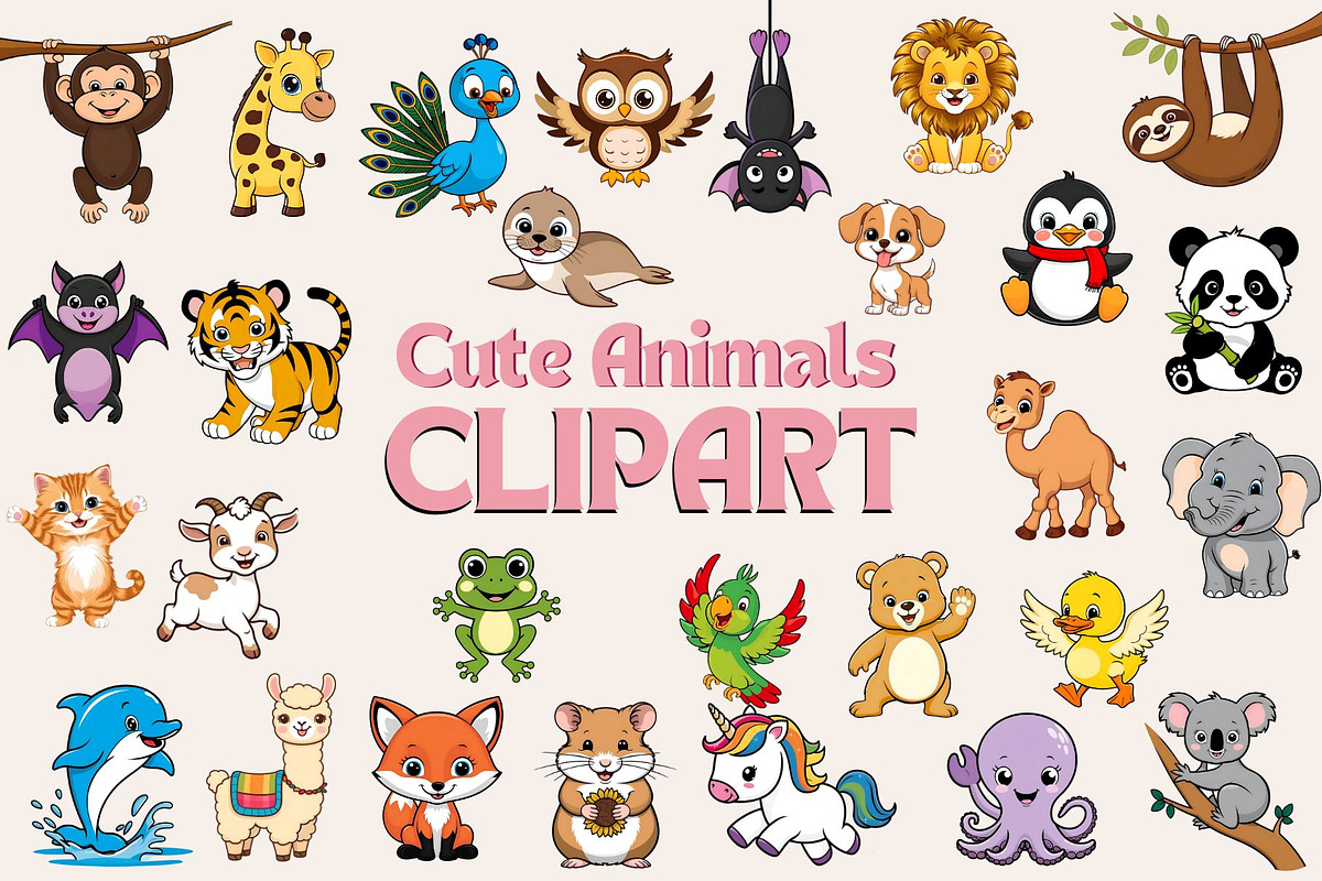 Cute Animals Clipart PNG Bundle, an Animal Illustration by maryamdesignarts (Photo 1 of 9)