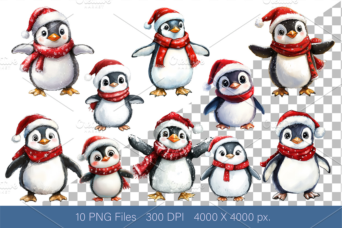 Christmas Penguin. Watercolor PNG., an Animal Illustration by KENO Mascots (Photo 2 of 8)