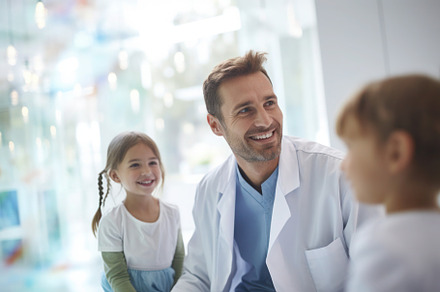Happy paediatrician playing with kids, volunteer work