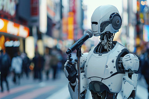 AI robot sing song in microphone on city street, a Photo by AlyaAnd