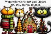 Watercolor Christmas Cats Clipart, an Illustration by Canvas Craft (Thumbnail 1 of 7)