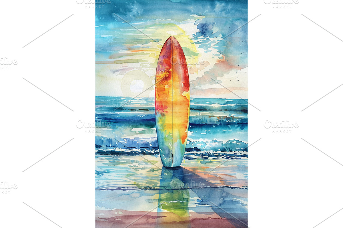 Sunset Surfboard Watercolor Art, a Decorative Illustration by Art Paradise Studios