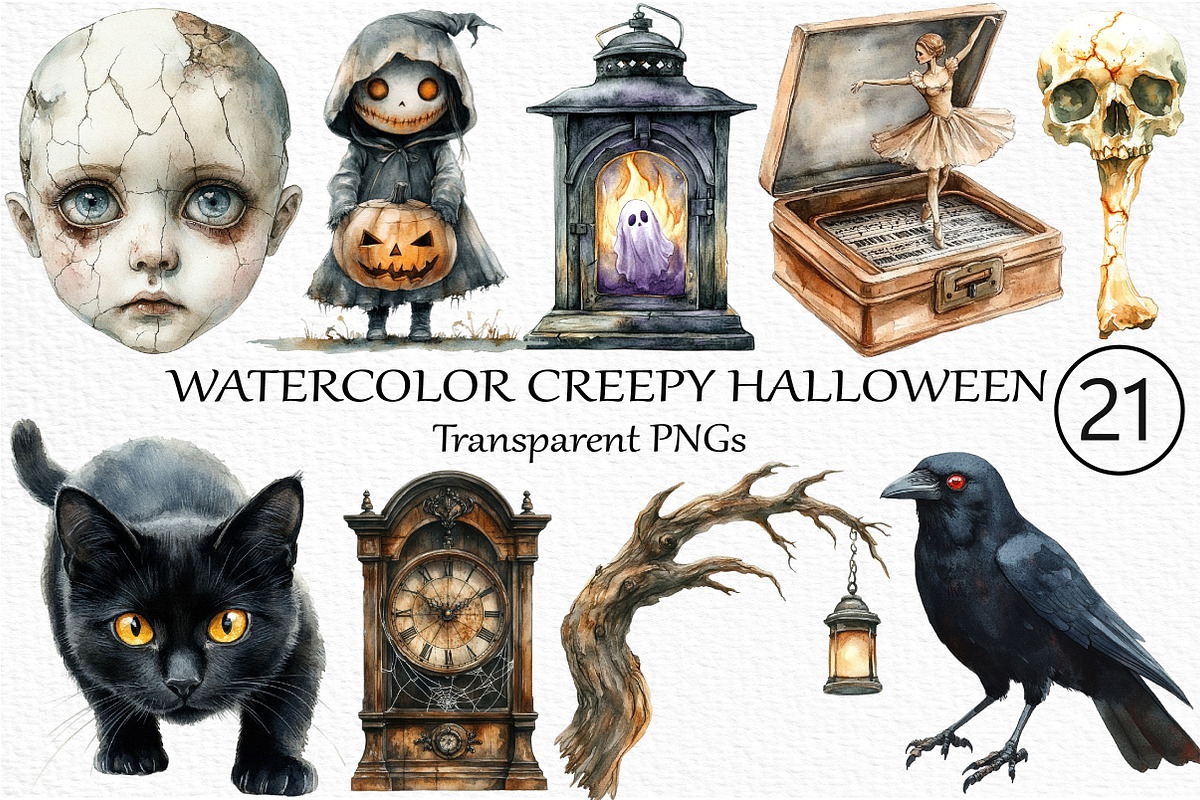 Watercolor Creepy Halloween Clipart, an Illustration by Craft Nest (Photo 1 of 6)