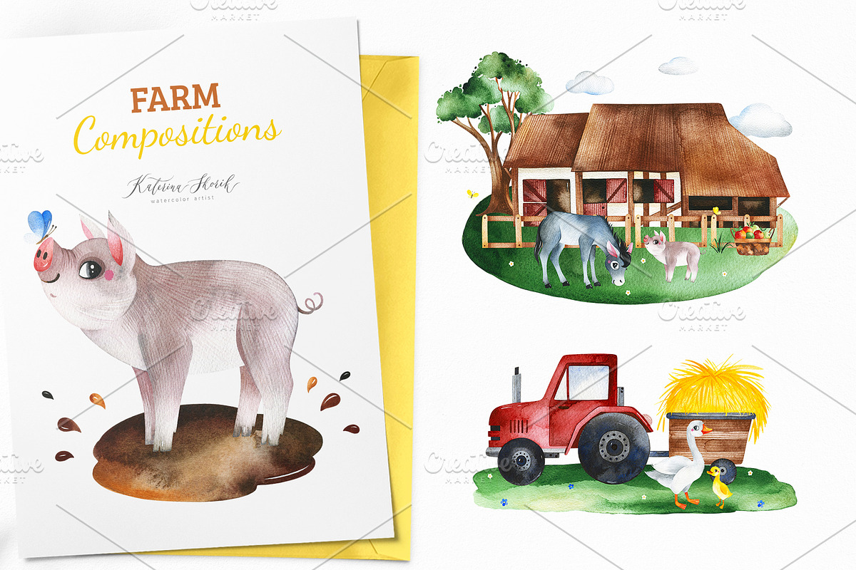 Watercolor Farm Collection., an Animal Illustration by Kate_Rina (Photo 5 of 9)
