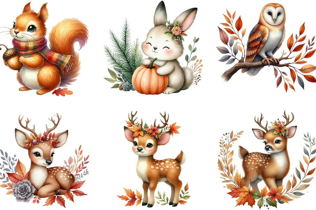 Watercolor Fall Woodland Clipart Bun, an Illustration by Designking (Photo 2 of 4)