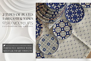 2 Types of Plates Tablecloth Napkin, a Household Mockup by mock-ups