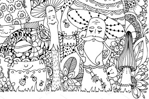 Doodle Cartoon Mushrooms, Forest