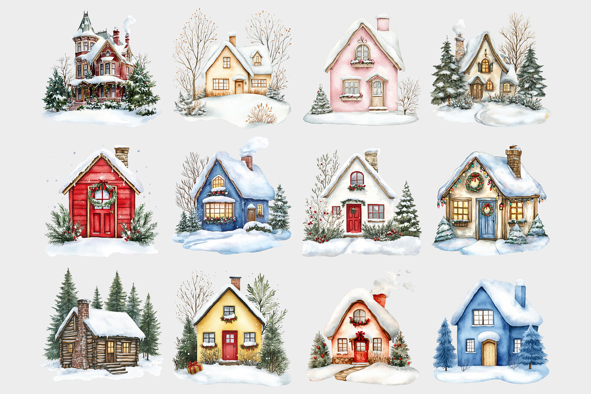 Watercolor Festive Houses Clipart, a Seasonal Illustration by Design Market (Photo 2 of 5)