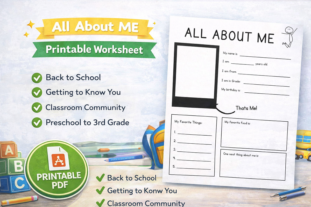 All About Me Printable Worksheet, an Education Illustration by MIRoots Design Studio (Photo 1 of 4)
