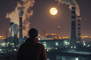 Back view of man looking on smoke emissions from thermal power plant, an Industrial Photo by AlyaAnd