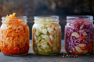 Three jars of colorful fermented, a Food & Drink Photo by MistyDay