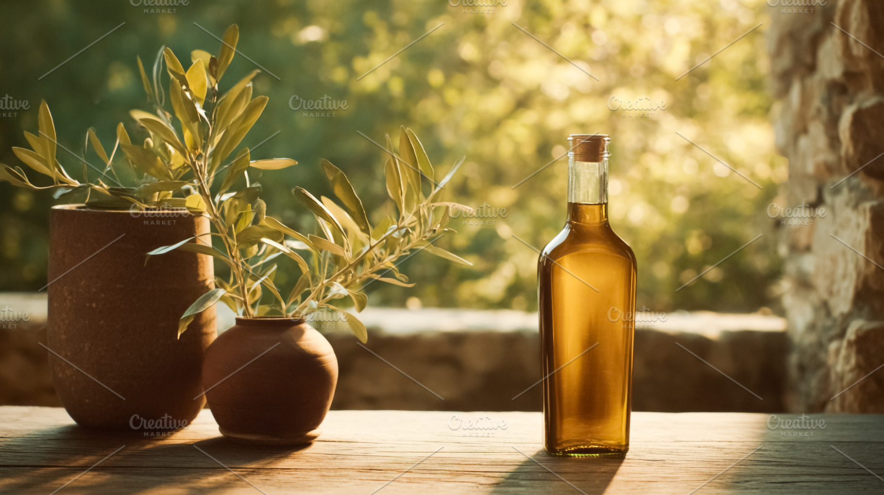 Olive branches in ceramic pots and bottle of olive oil on a wood, a Photo by Studio ANNA