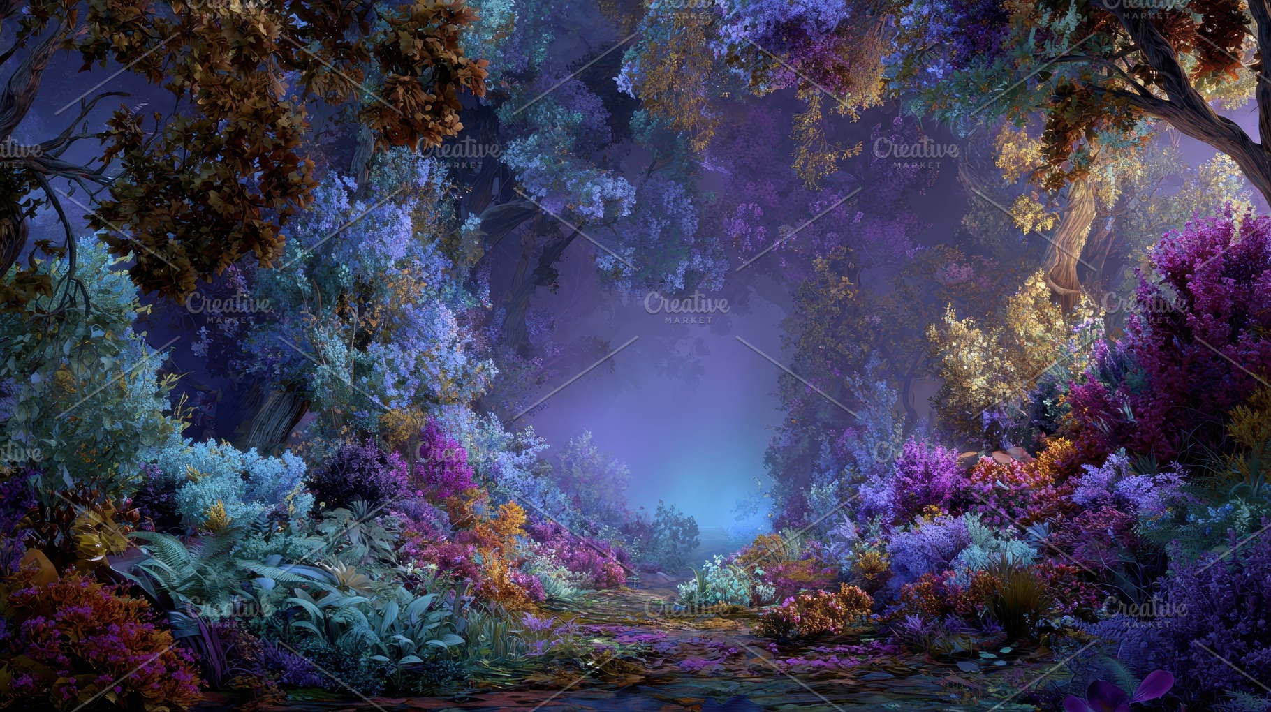 Forest scene with colorful plants, a Photo by Pavel_design