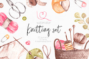 Watercolor Knitting Set Clipart, a Texture Illustration by YuliyaArtGarden (Thumbnail 1 of 8)