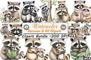 Watercolor Raccoon & Kit Clipart, an Illustration by DreamCafeArt (Thumbnail 1 of 9)