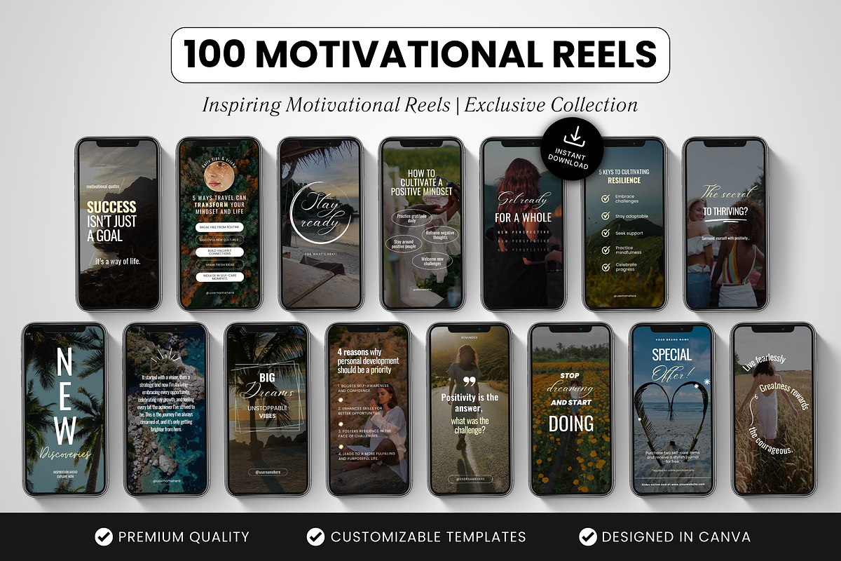 100 Motivational Reels Templates, a Social Media Template by DigiPax (Photo 1 of 10)