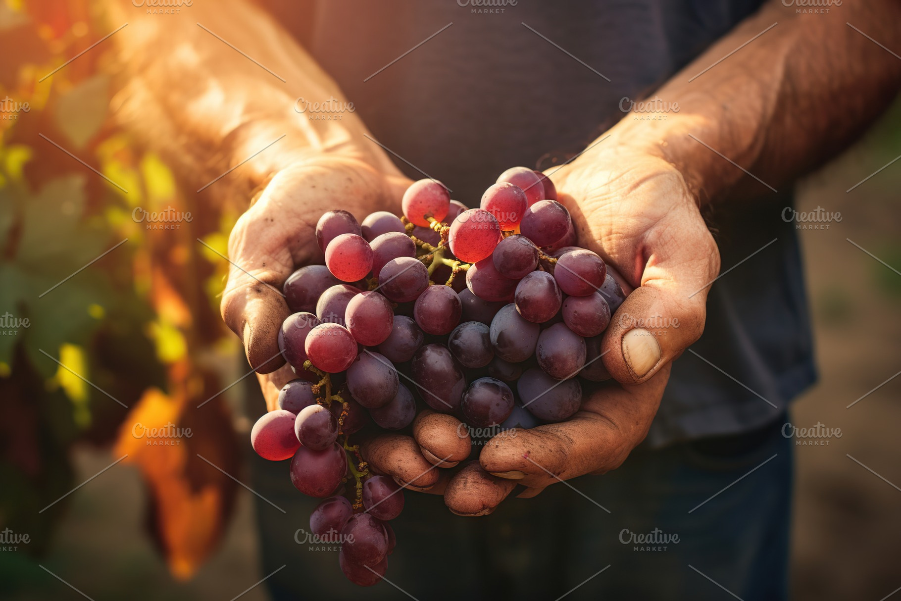 Ripe red grape in farmer hands with sunlights, a Food & Drink Photo by AlyaAnd